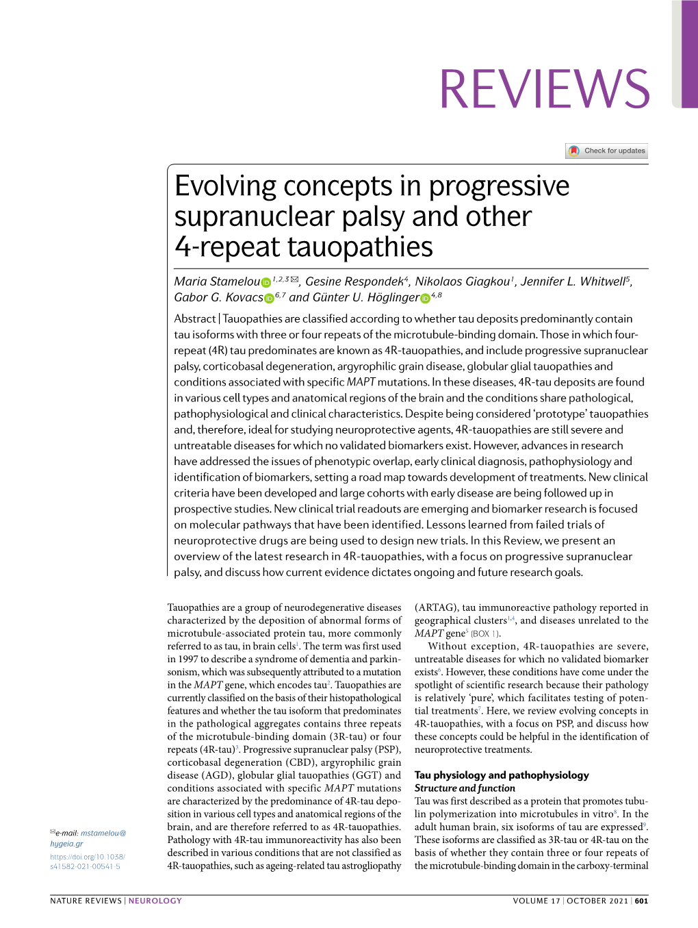 Evolving Concepts in Progressive Supranuclear Palsy and Other 4-​Repeat Tauopathies