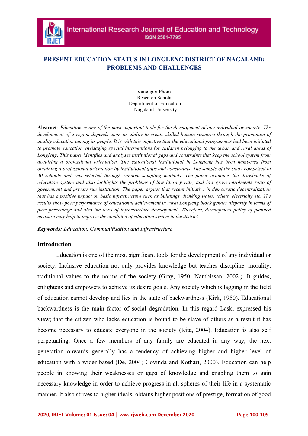 Present Education Status in Longleng District of Nagaland: Problems and Challenges