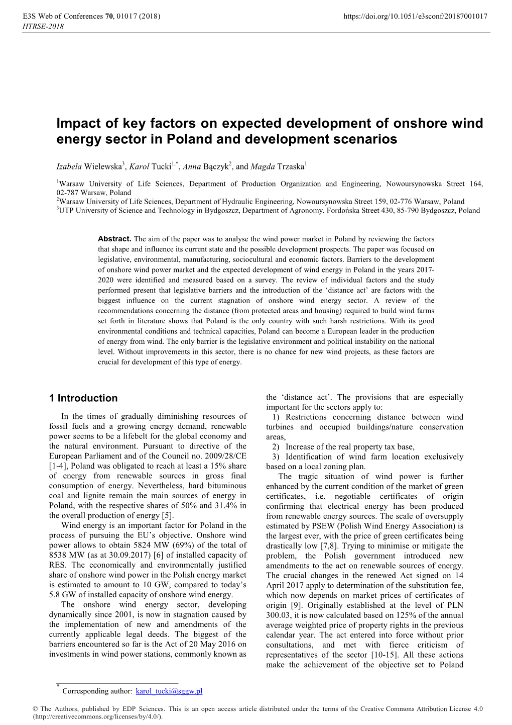 Impact of Key Factors on Expected Development of Onshore Wind Energy Sector in Poland and Development Scenarios