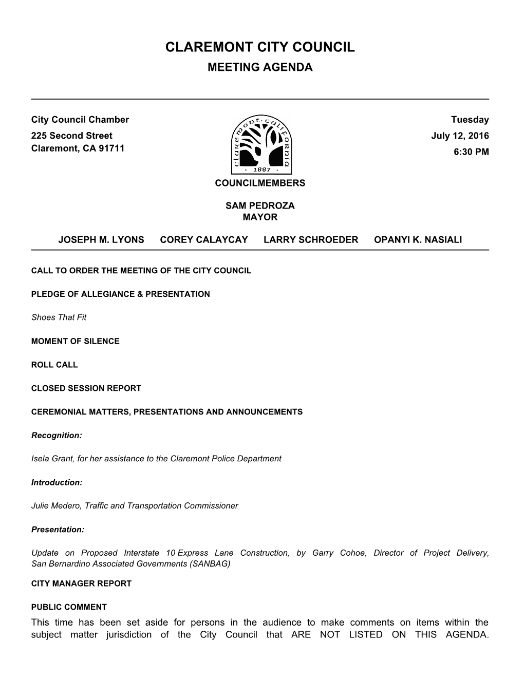 Claremont City Council Meeting Agenda