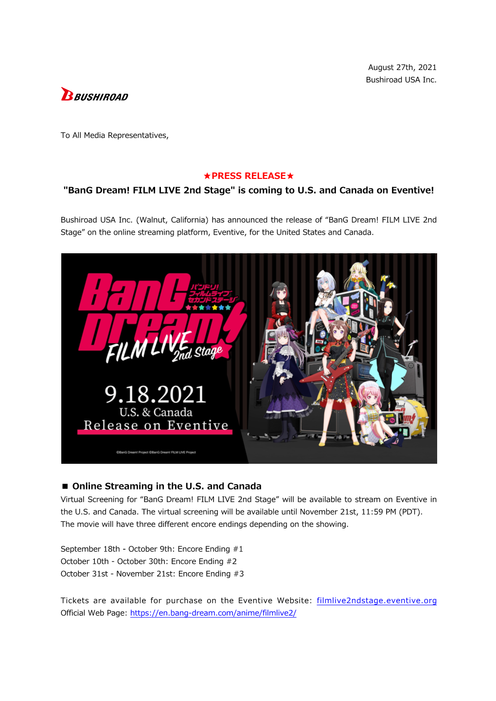 [Press Release] Bang Dream! FILM LIVE 2Nd Stage Is Coming to U.S. and Canada on Eventive!