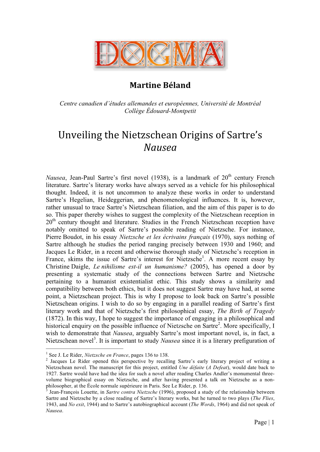 Unveiling the Nietzschean Origins of Sartre's Nausea