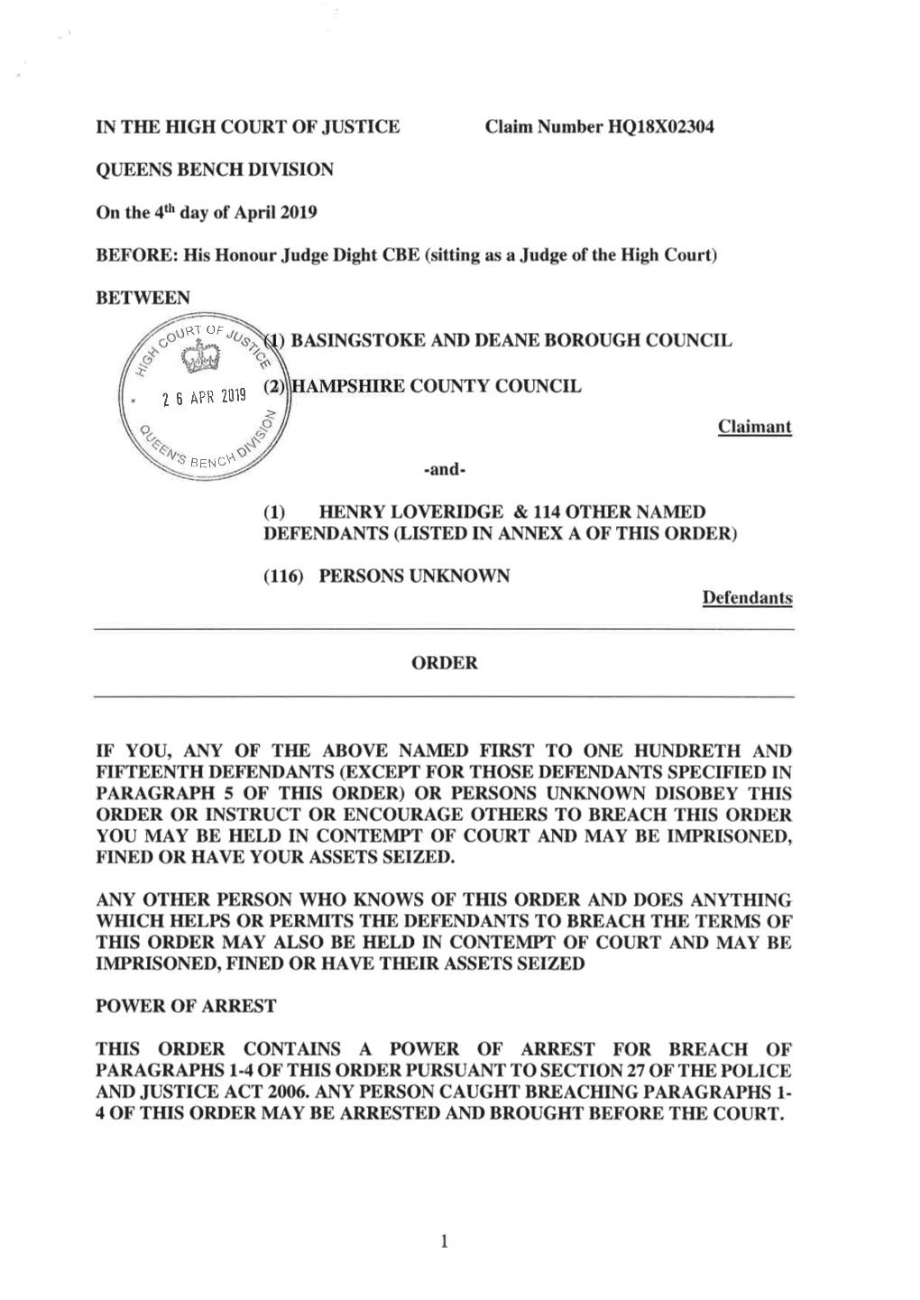 View Final Injunction Order Granted on 4 April 2019