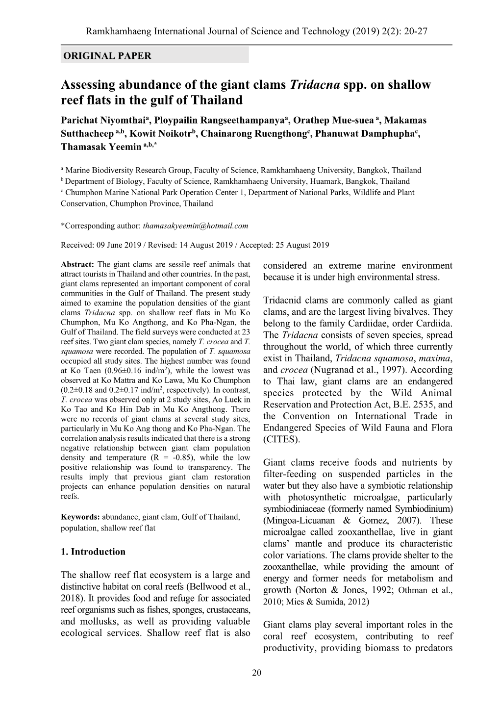 Assessing Abundance of the Giant Clams Tridacna Spp. on Shallow Reef Flats in the Gulf of Thailand