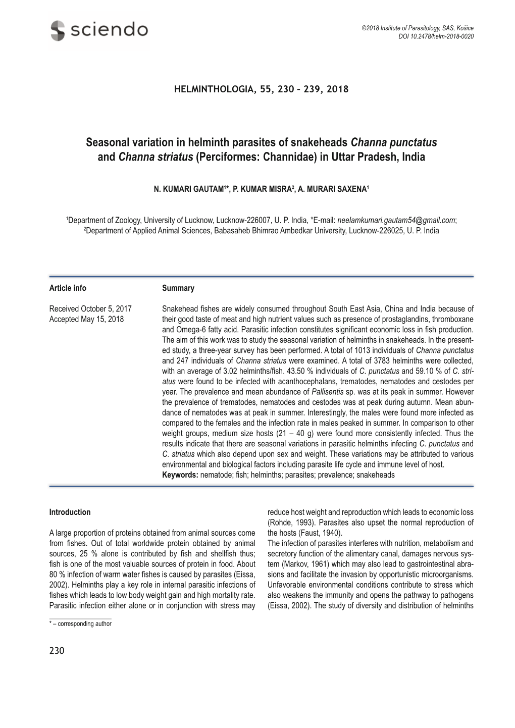 Seasonal Variation in Helminth Parasites of Snakeheads Channa Punctatus and Channa Striatus (Perciformes: Channidae) in Uttar Pradesh, India