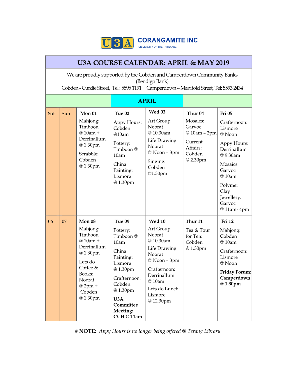 U3a Course Calendar: April & May 2019