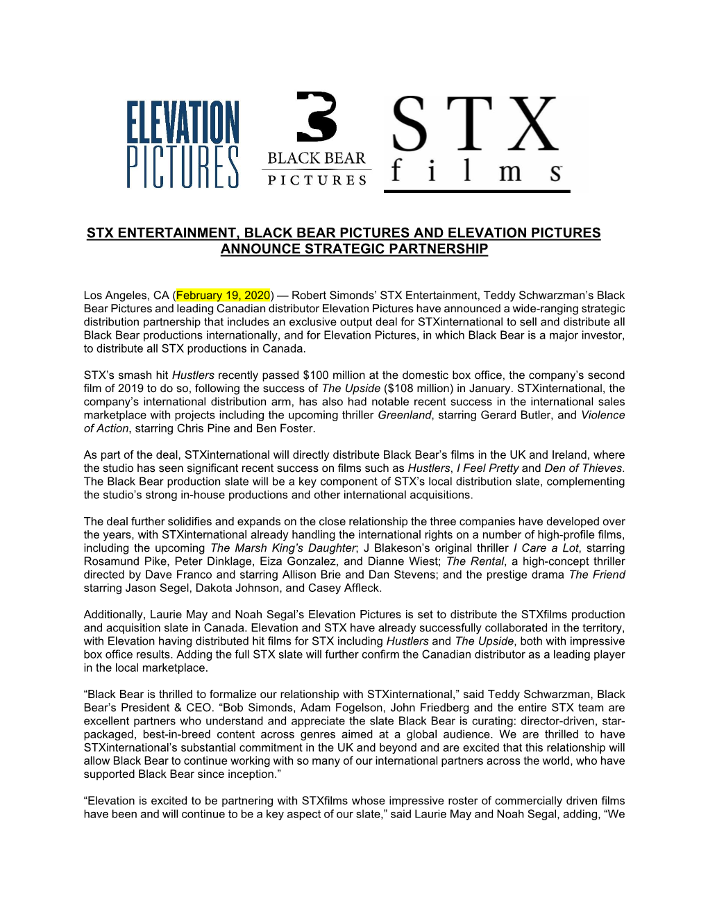 Stx Entertainment, Black Bear Pictures and Elevation Pictures Announce Strategic Partnership