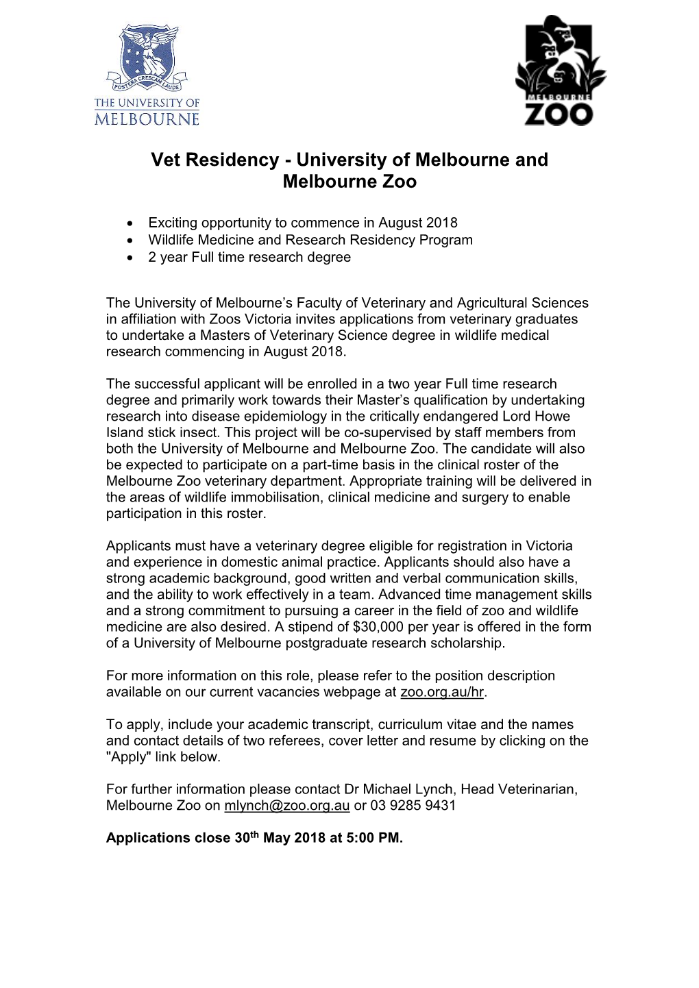 Vet Residency - University of Melbourne and Melbourne Zoo