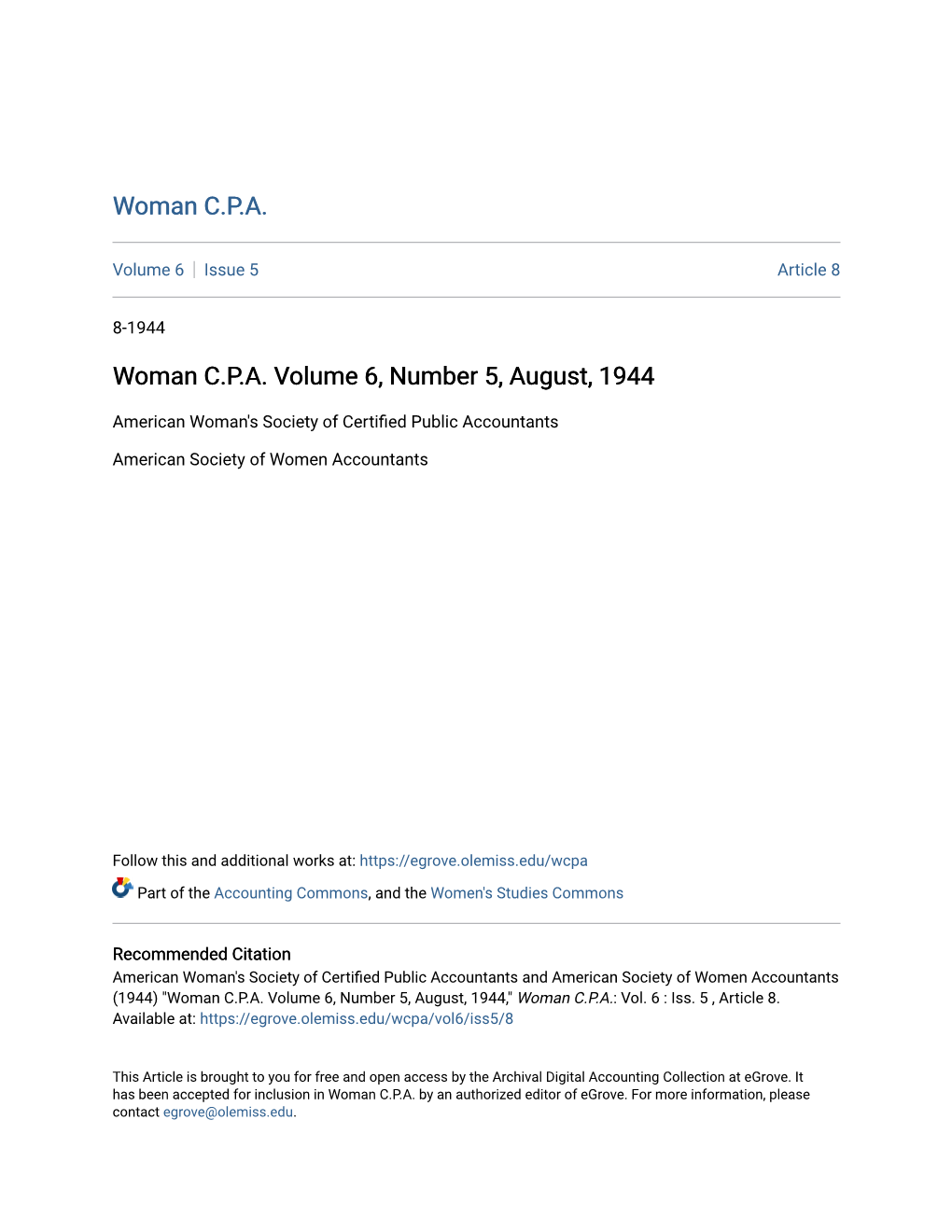 Woman CPA Volume 6, Number 5, August, 1944