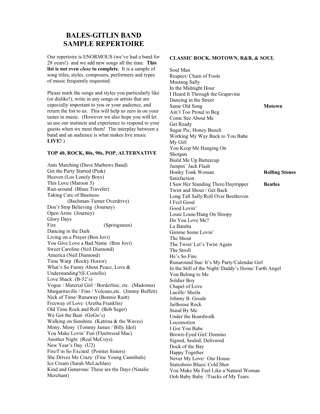 Bales-Gitlin Band Sample Repertoire