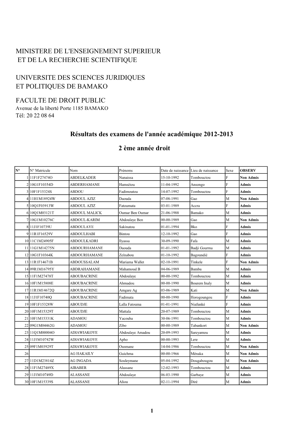 Ministere De L'enseignement Superieur Et De La Recherche Scientifique Universite Des Sciences Juridiques Et Politiques De Bamako