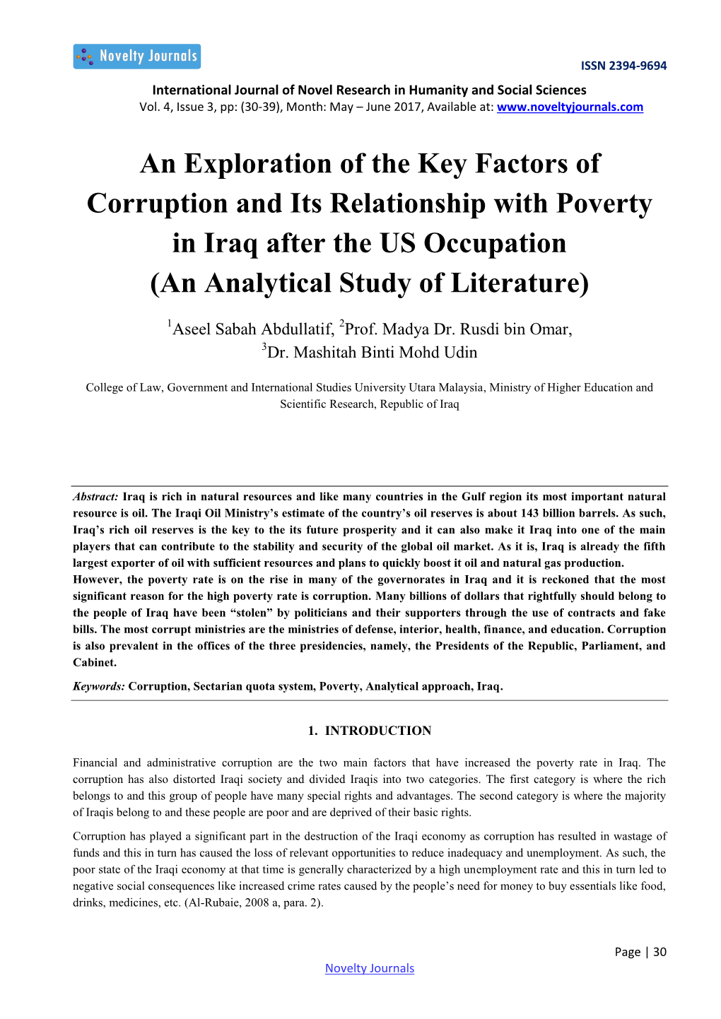 An Exploration of the Key Factors of Corruption and Its Relationship with Poverty in Iraq After the US Occupation (An Analytical Study of Literature)