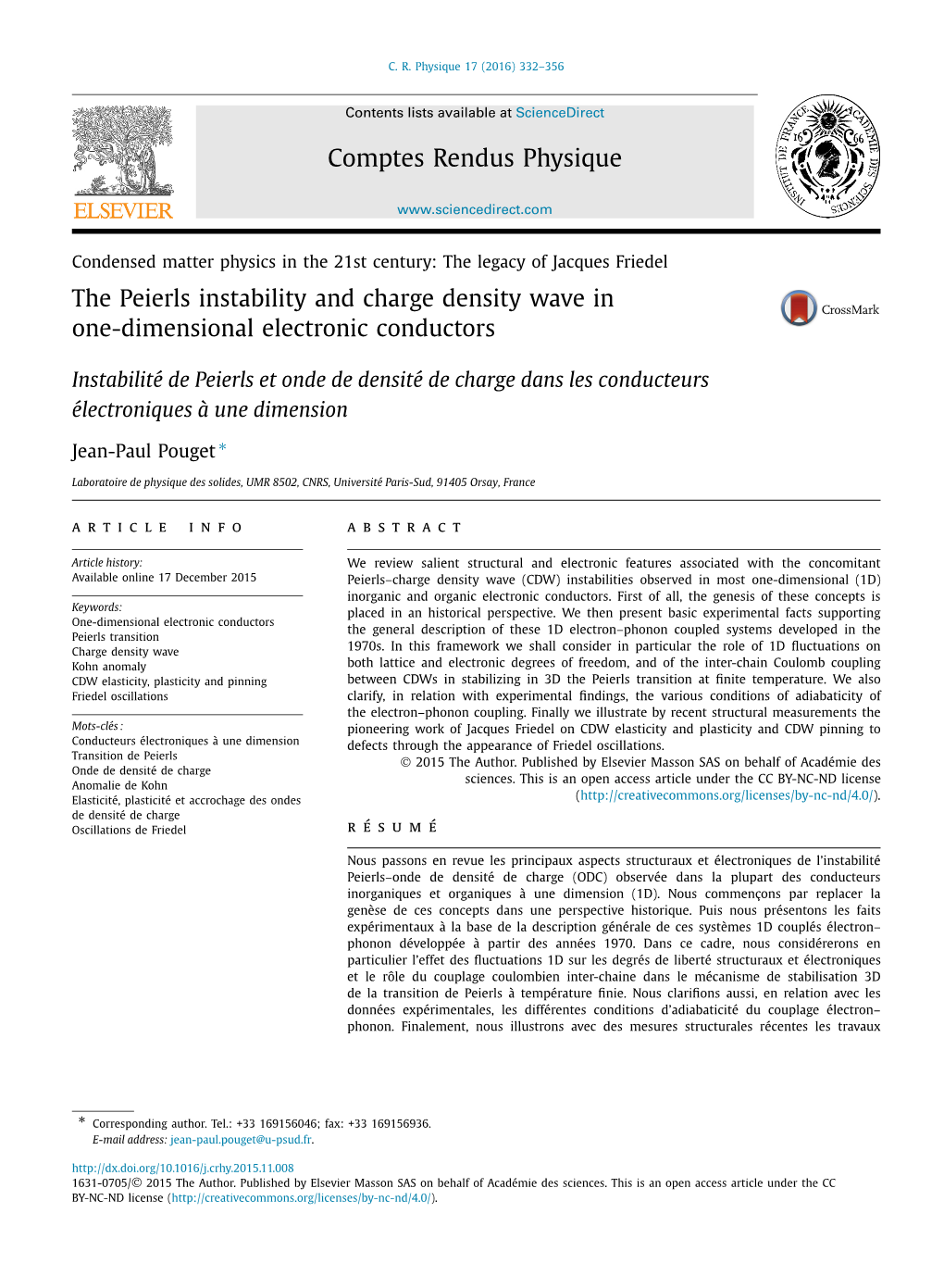 The Peierls Instability and Charge Density Wave in One-Dimensional Electronic Conductors