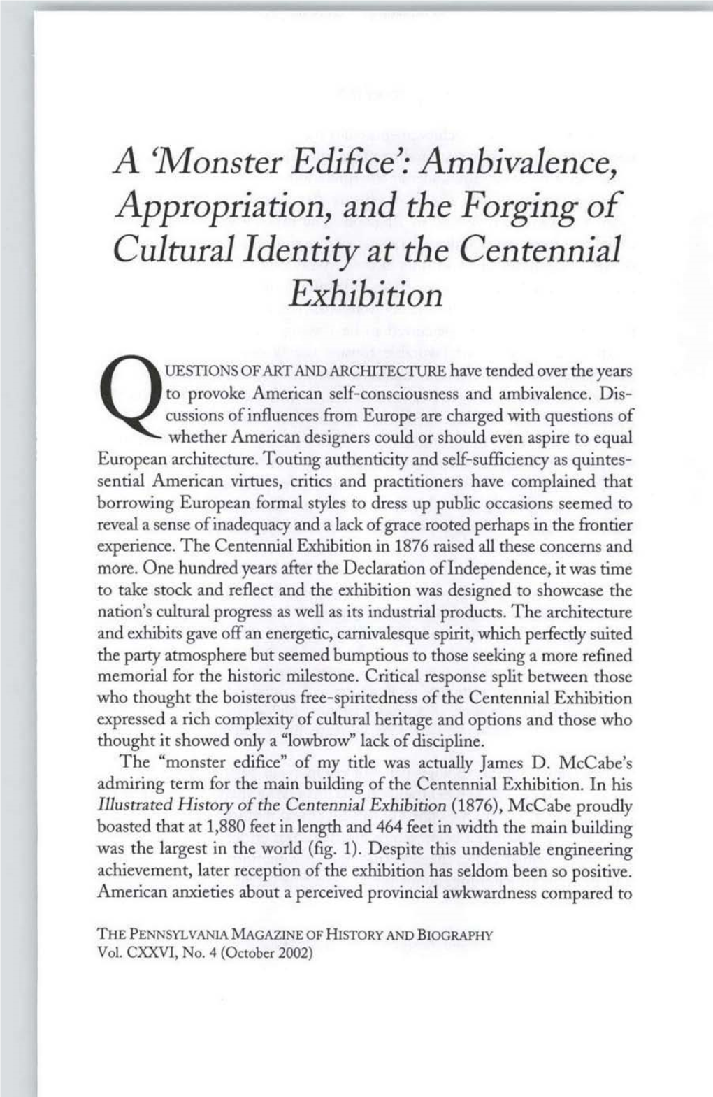 Ambivalence, Appropriation, and the Forging of Cultural Identity at the Centennial Exhibition