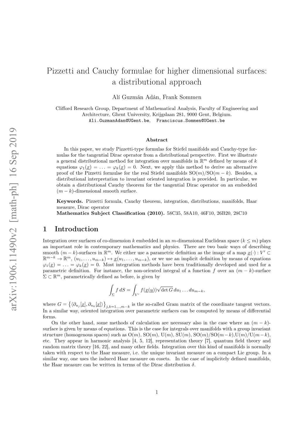 Pizzetti and Cauchy Formulae for Higher Dimensional Surfaces: a Distributional Approach