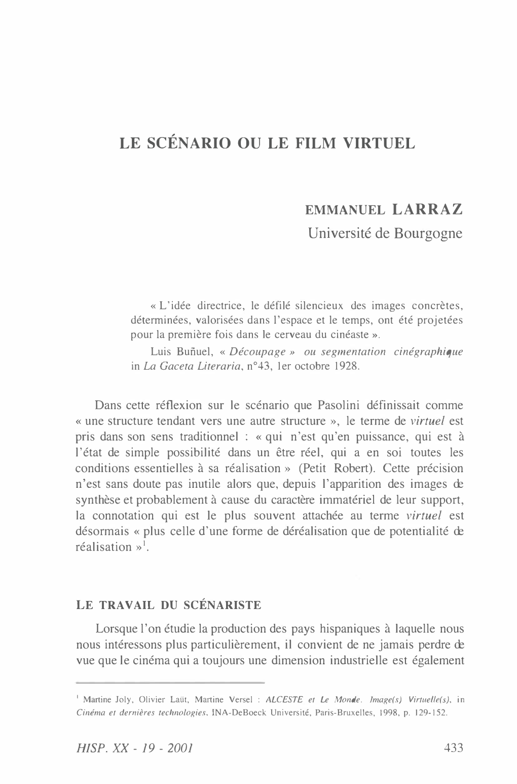 LE SCÉNARIO OU LE FILM VIRTUEL Université De Bourgogne