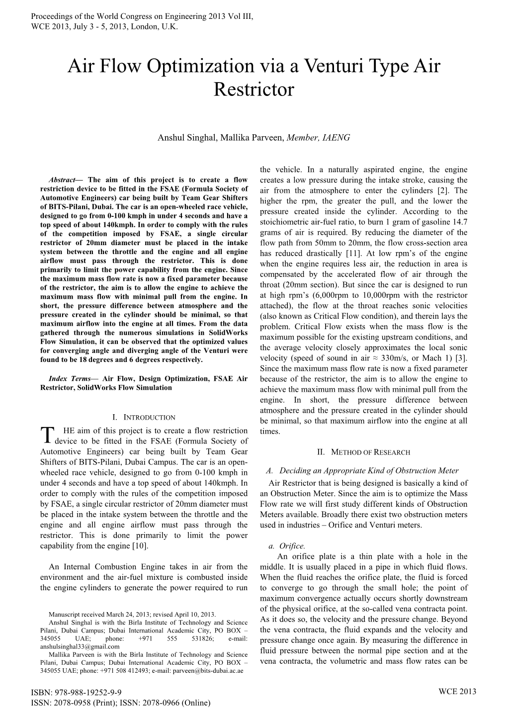 Air Flow Optimization Via a Venturi Type Air Restrictor