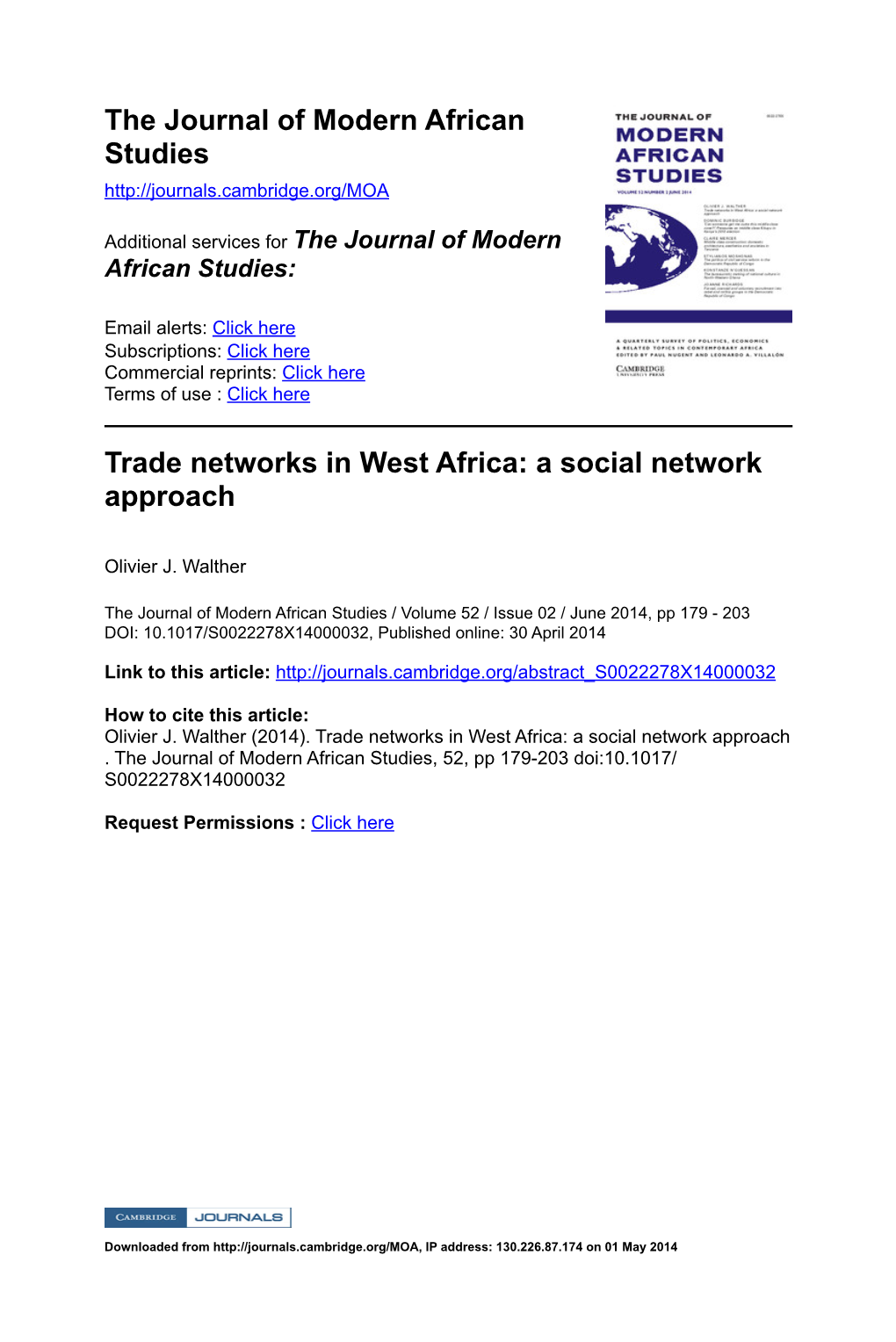 The Journal of Modern African Studies Trade Networks in West Africa: A