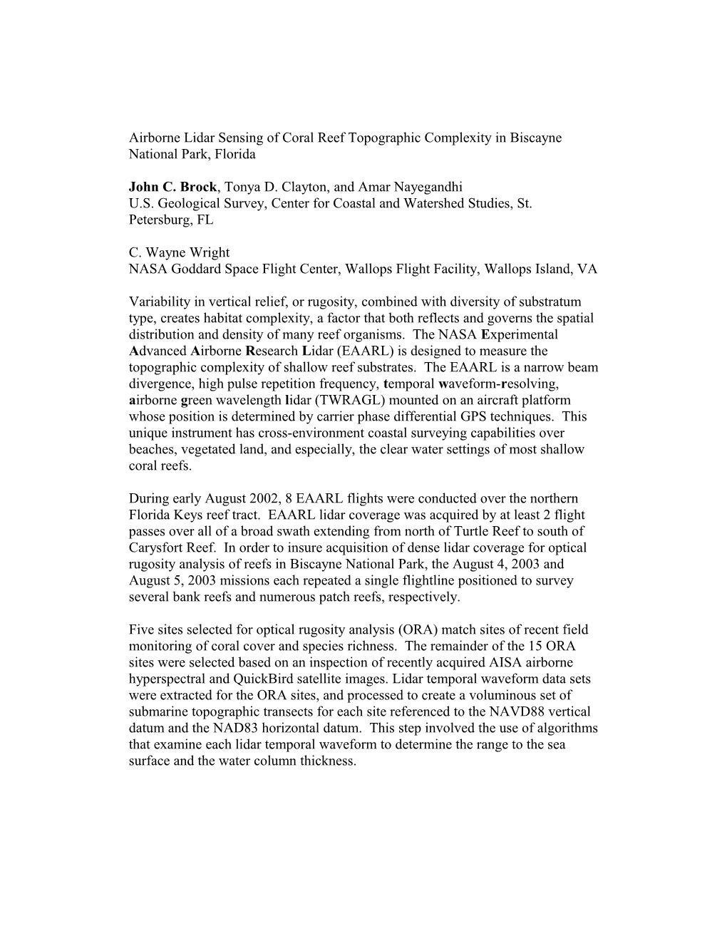 Airborne Lidar Sensing of Coral Reef Topographic Complexity in Biscayne National Park