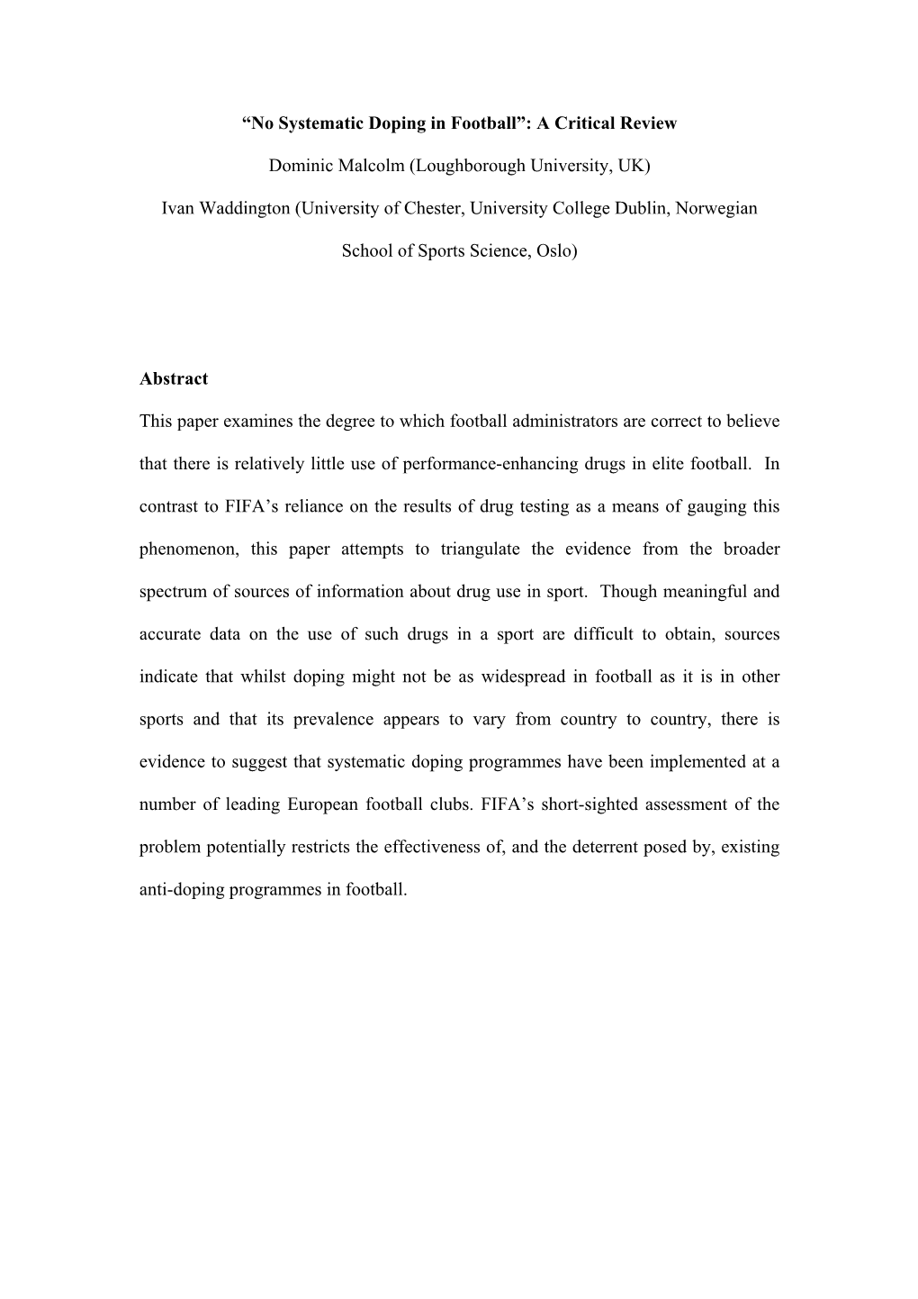 No Systematic Doping in Football”: a Critical Review