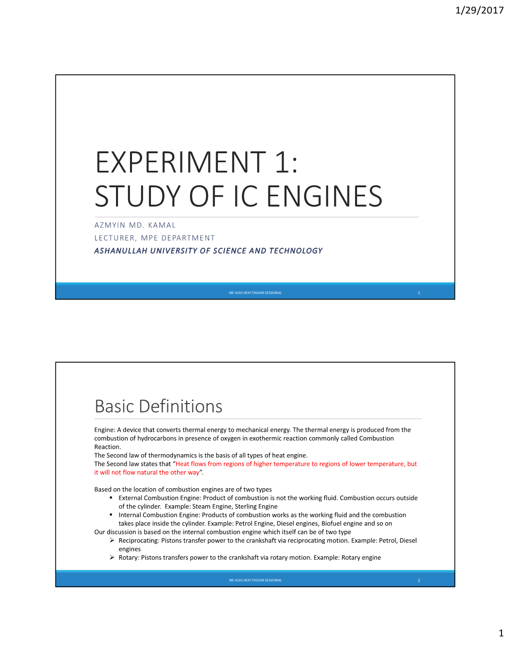 Experiment 1: Study of Ic Engines Azmyin Md