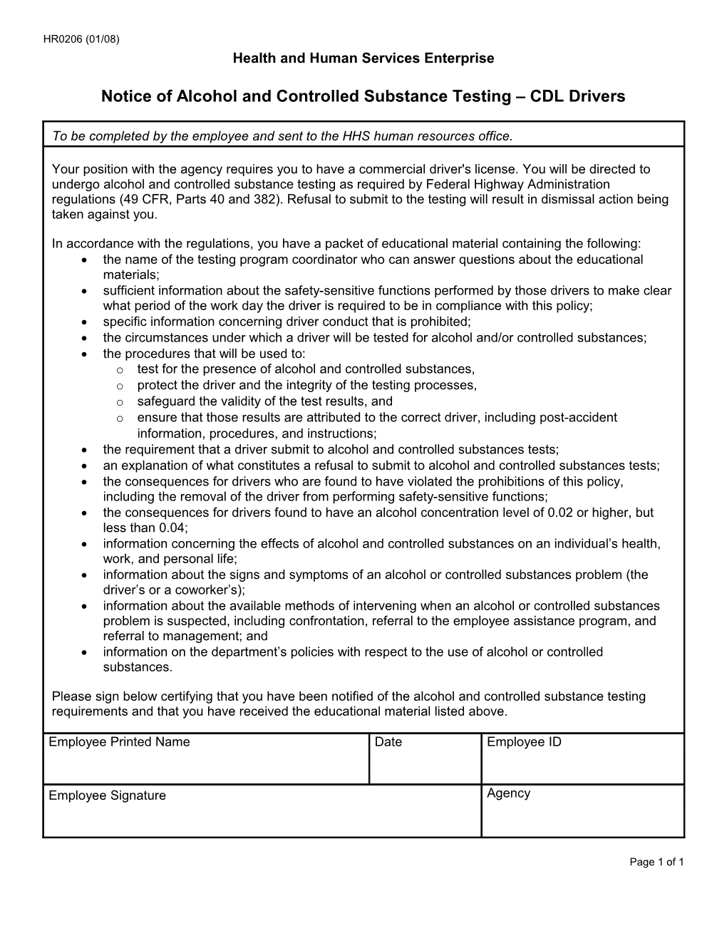 Notice of Alcohol and Controlled Substance Testing-CDL Drivers