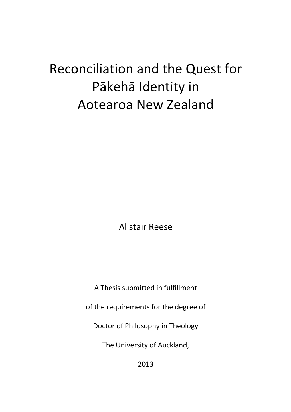 Reconciliation and the Quest for Pākehā Identity in Aotearoa New Zealand