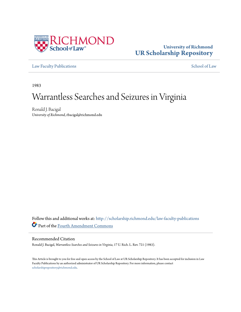 Warrantless Searches and Seizures in Virginia Ronald J