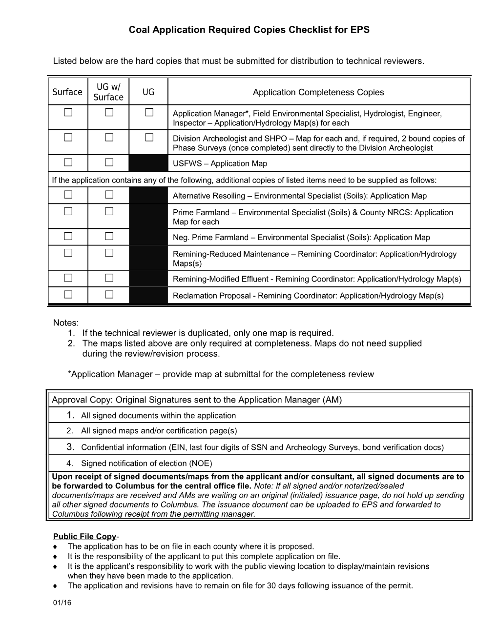 Coal Application Required Copies Checklist for EPS