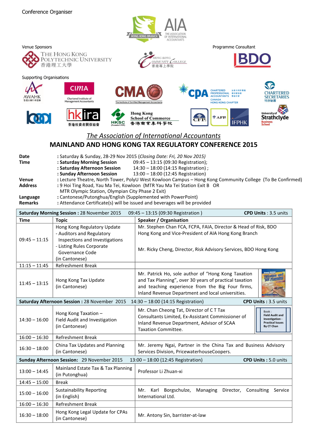 The Association of International Accountants MAINLAND and HONG KONG TAX REGULATORY CONFERENCE 2015