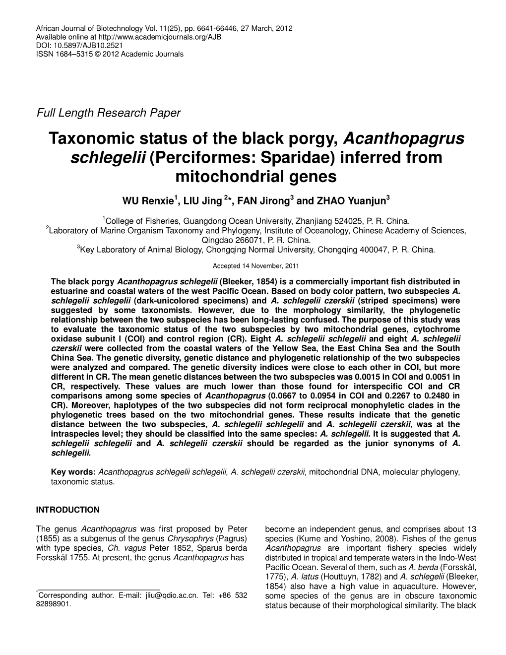 Taxonomic Status of the Black Porgy, Acanthopagrus Schlegelii (Perciformes: Sparidae) Inferred from Mitochondrial Genes