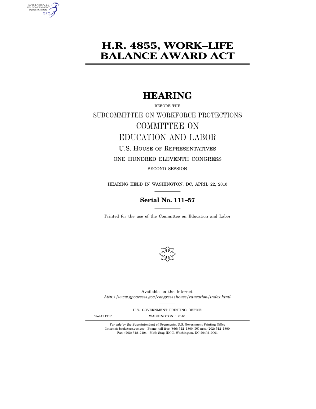 H.R. 4855, Work–Life Balance Award Act Hearing