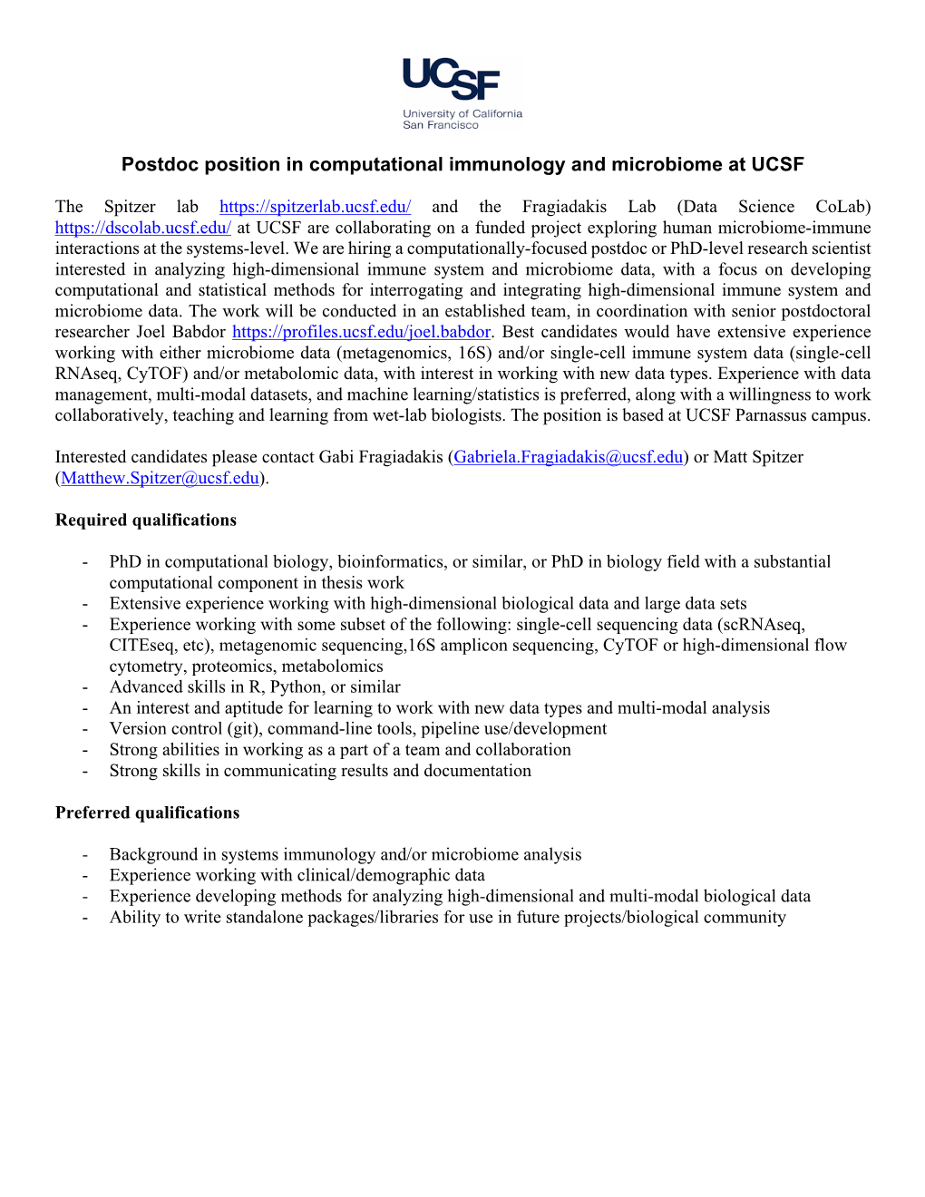 Postdoc Position in Computational Immunology and Microbiome at UCSF