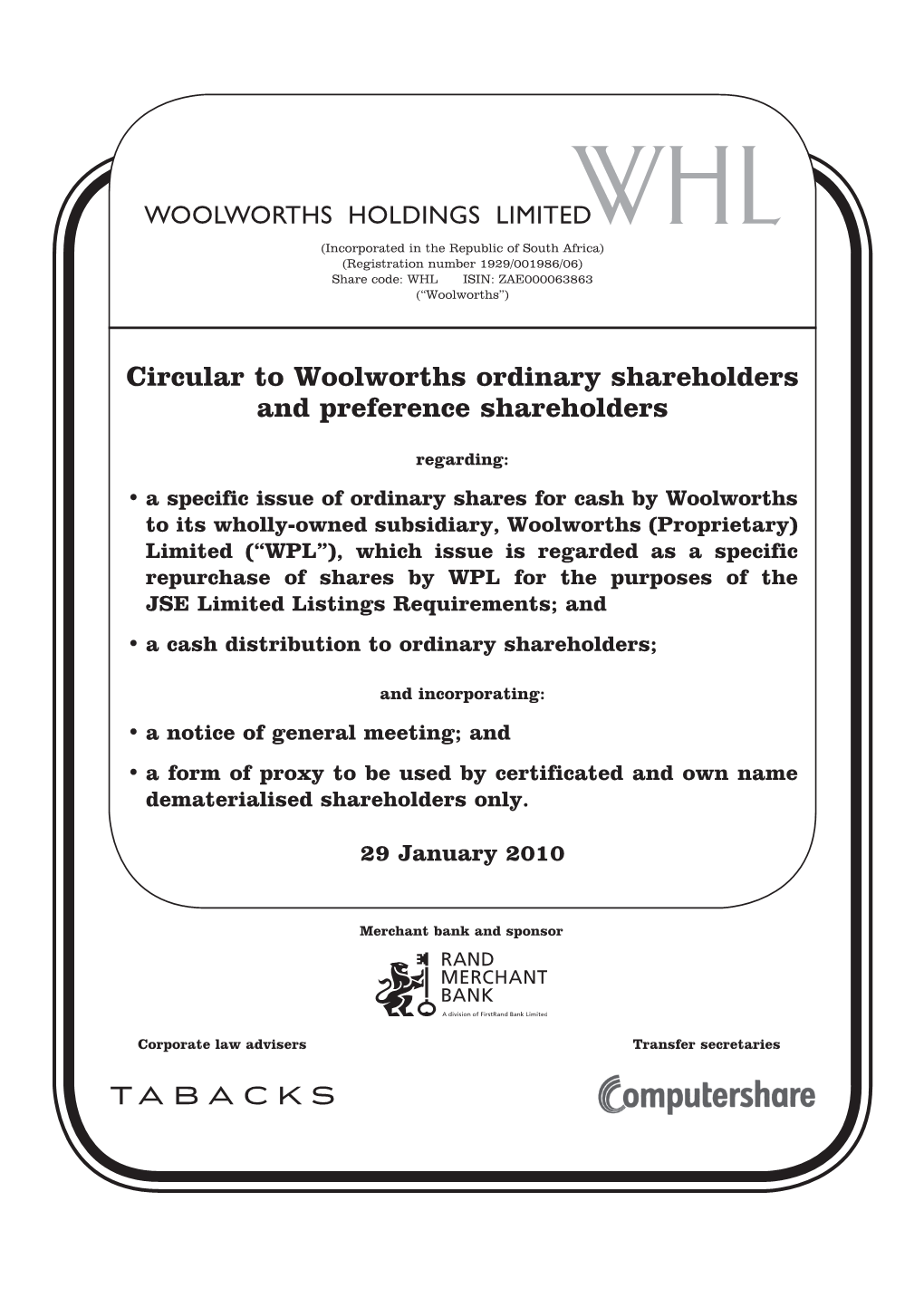 January 2010 Circular to Woolworths Shareholders