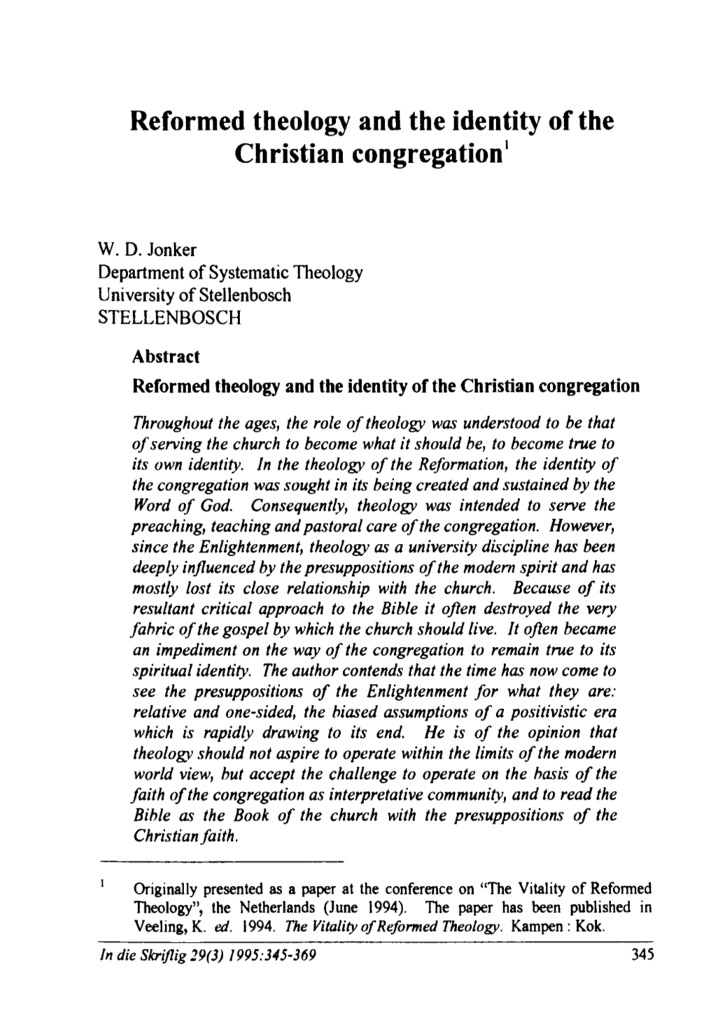 Reformed Theology and the Identity of the Christian Congregation'