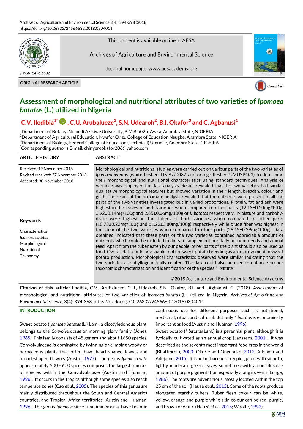 Assessment of Morphological and Nutritional Attributes of Two Varieties of Ipomoea Batatas (L.) Utilized in Nigeria C.V