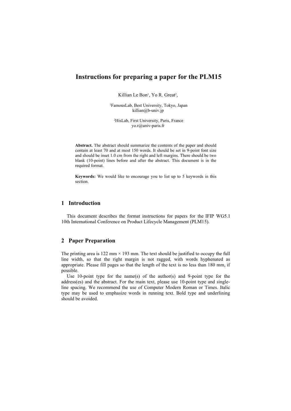 Instructions for Preparing a Paper for the PLM15