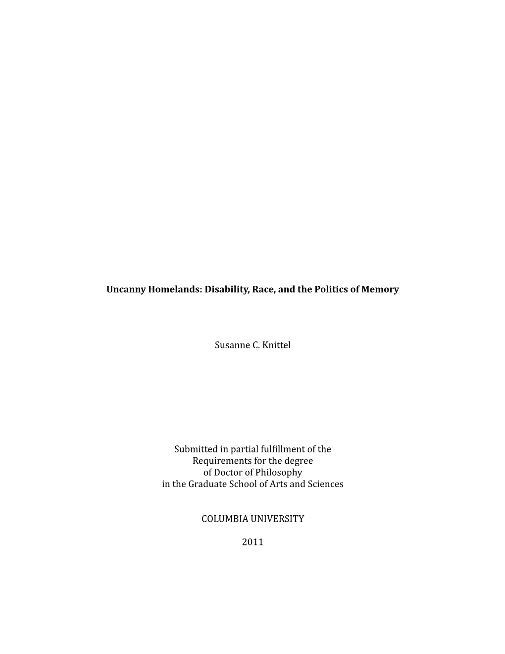 Disability, Race, and the Politics of Memory Susanne C. Knittel