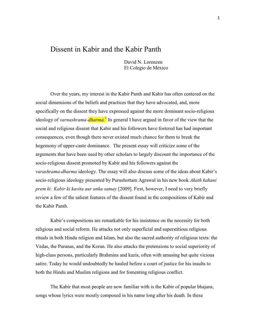 Dissent in Kabir and the Kabir Panth