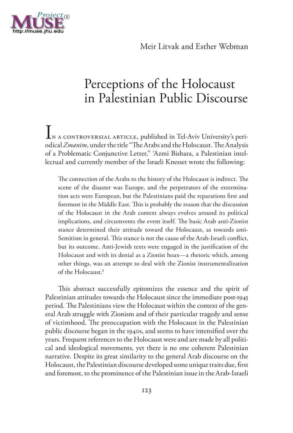 Perceptions of the Holocaust in Palestinian Public Discourse