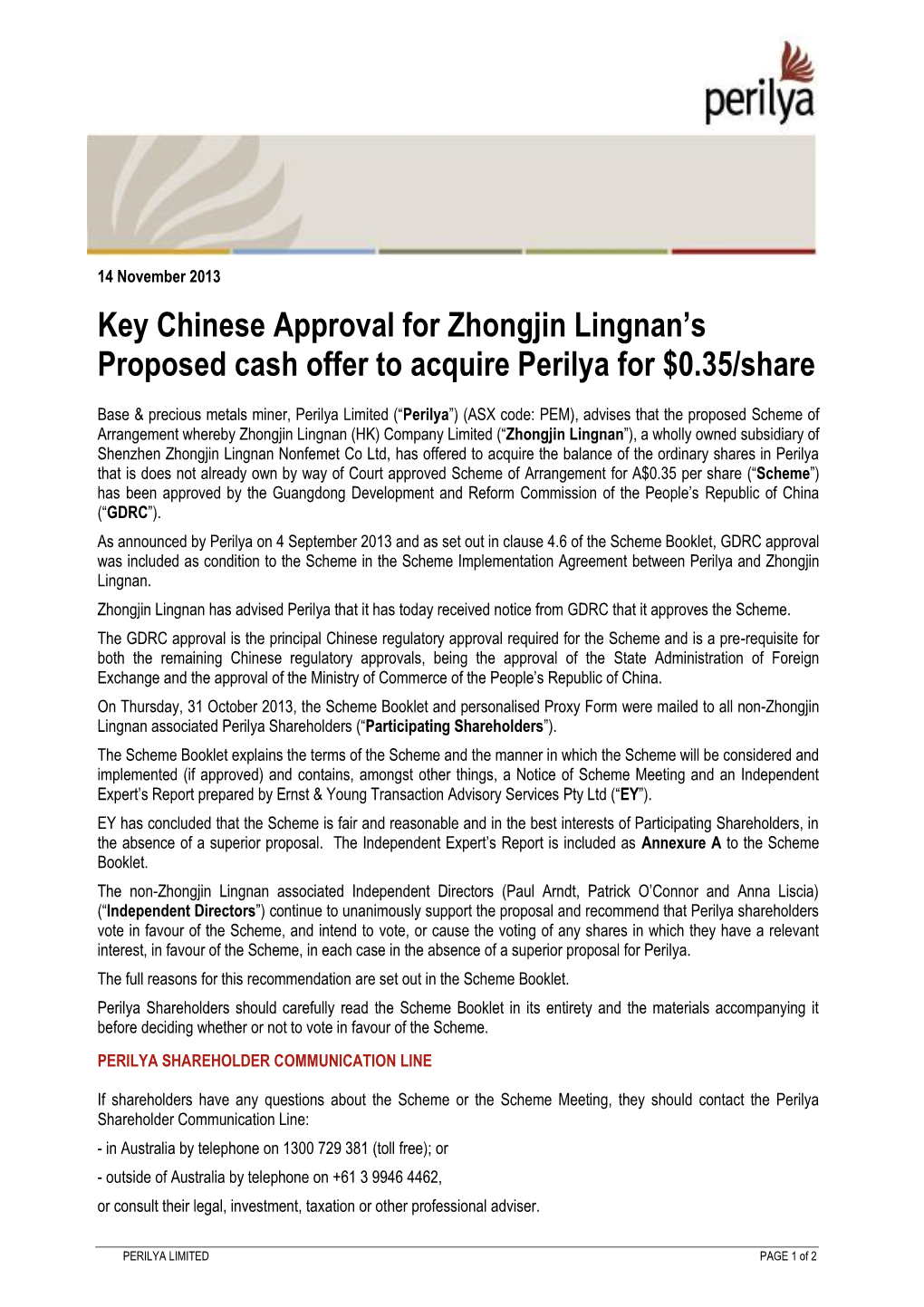 Key Chinese Approval for Zhongjin Lingnan's Proposed Cash Offer To