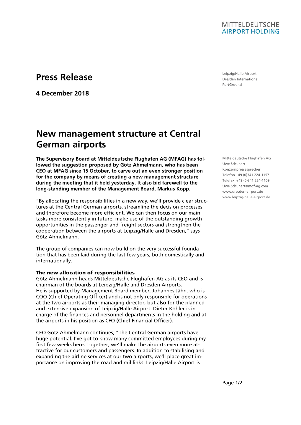 Press Release New Management Structure at Central German Airports