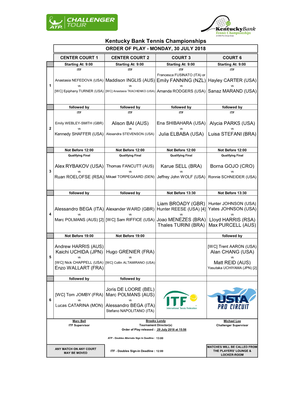 Kentucky Bank Tennis Championships ORDER of PLAY - MONDAY, 30 JULY 2018