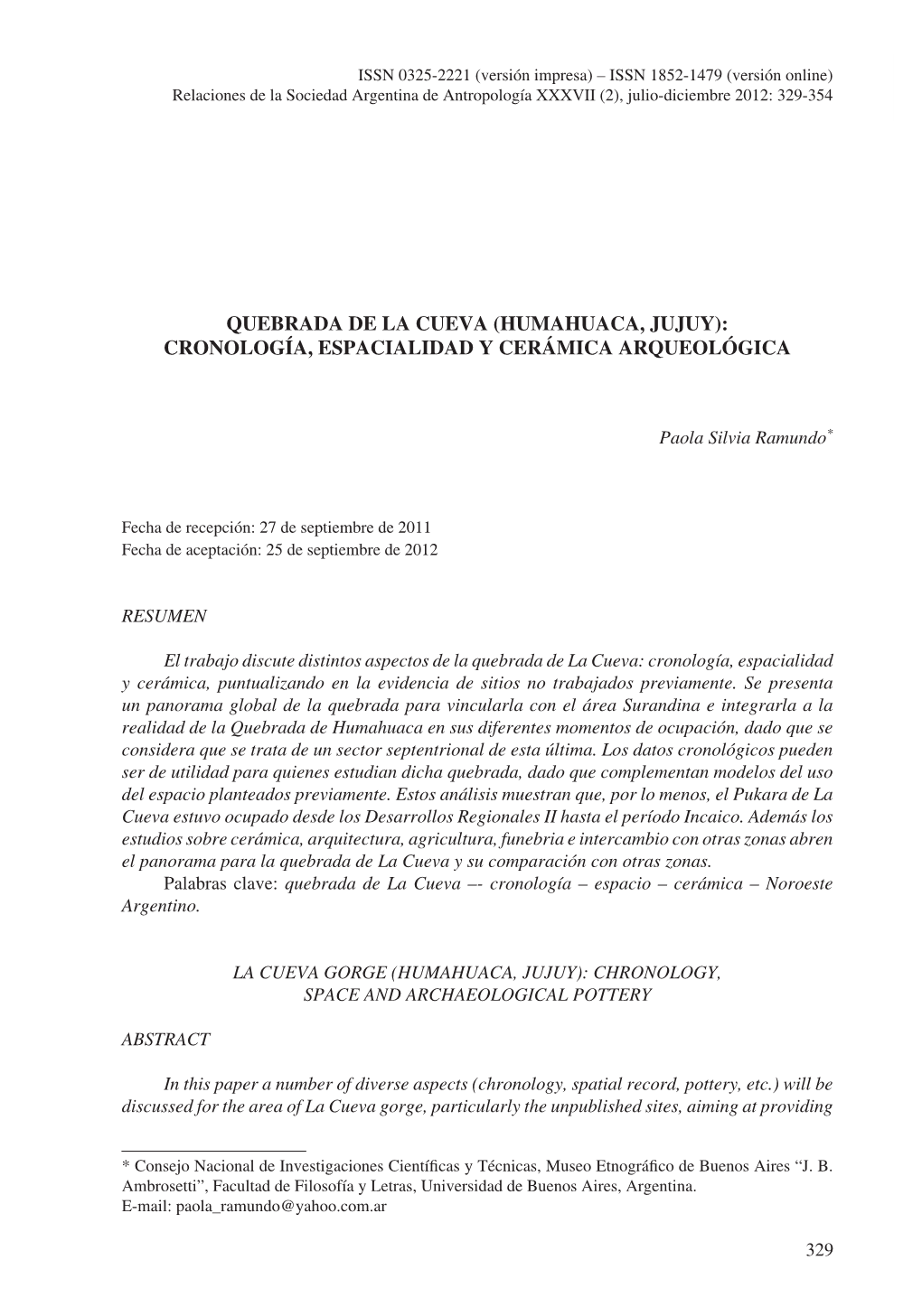 HUMAHUACA, Jujuy): CRONOLOGÍA, Espacialidad Y CERÁMICA ARQUEOLÓGICA