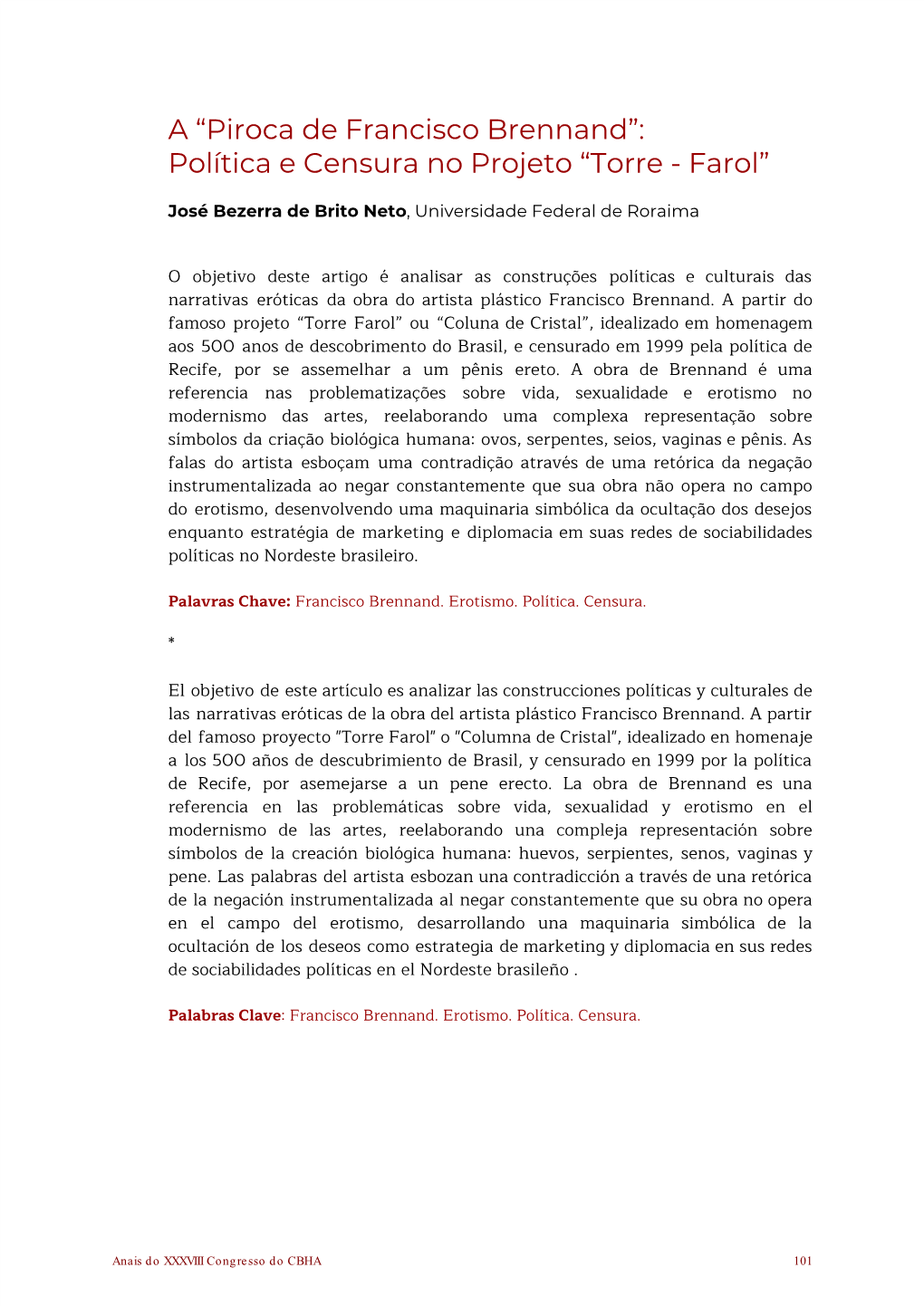 A “Piroca De Francisco Brennand”: Política E Censura No Projeto “Torre - Farol”