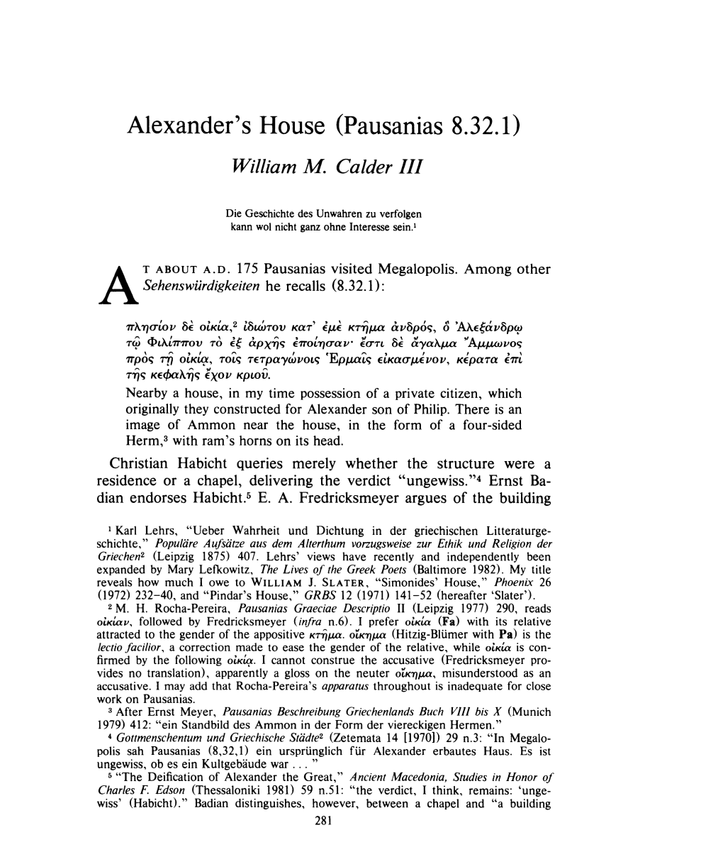 Alexander's House (Pausanias 8.32.1) , Greek, Roman and Byzantine Studies, 23:3 (1982:Autumn) P.281