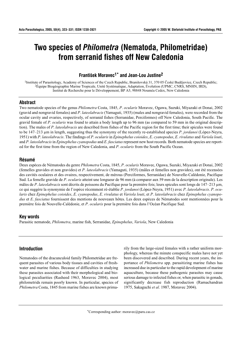 Two Species of Philometra (Nematoda, Philometridae) from Serranid Fishes Off New Caledonia Stefański