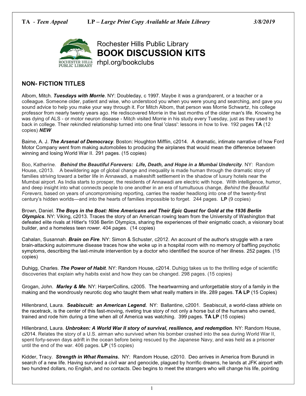 Rochester Hills Public Library BOOK DISCUSSION KITS Rhpl.Org/Bookclubs