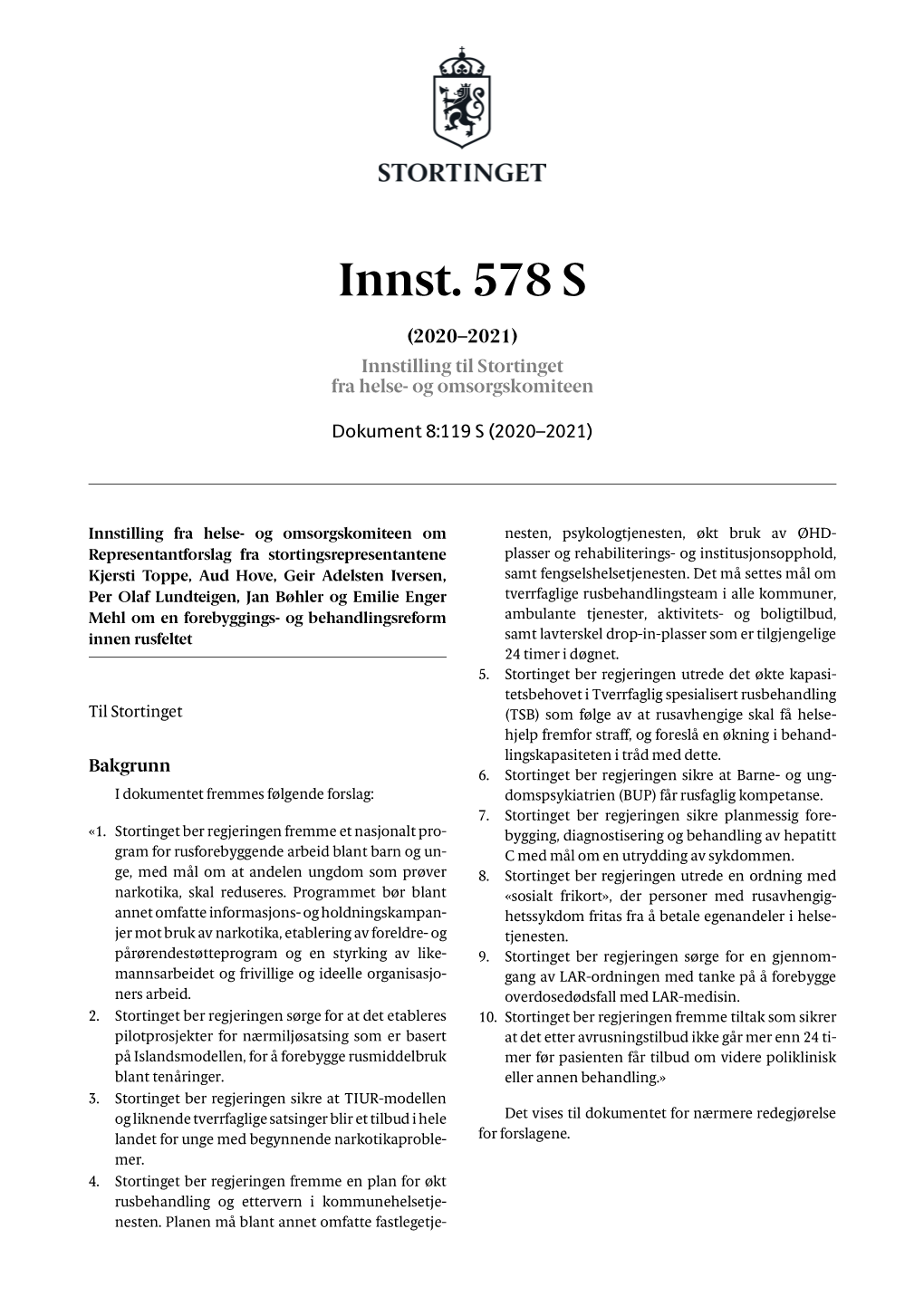 Innst. 578 S (2020–2021) Innstilling Til Stortinget Fra Helse- Og Omsorgskomiteen