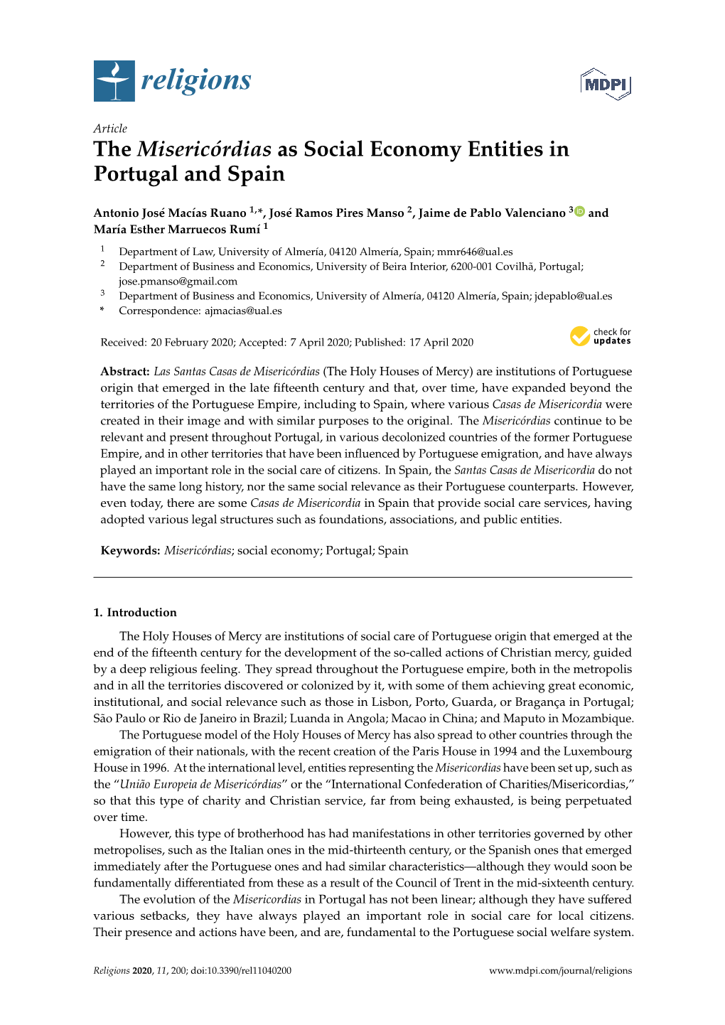 The Misericórdias As Social Economy Entities in Portugal and Spain